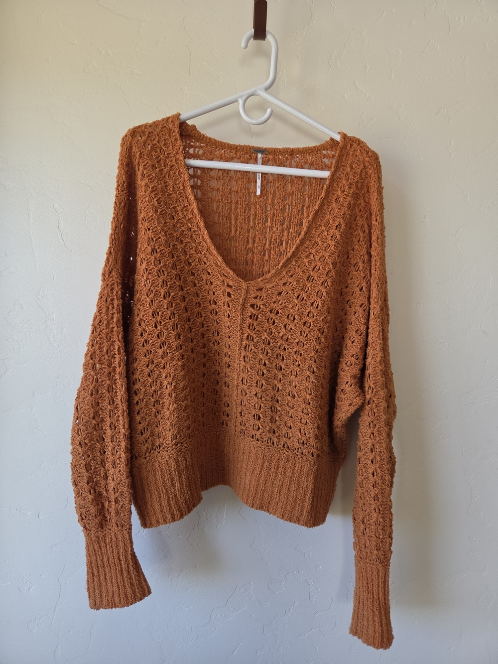 Free People Open Knit V-Neck Sweater in Rust Orange